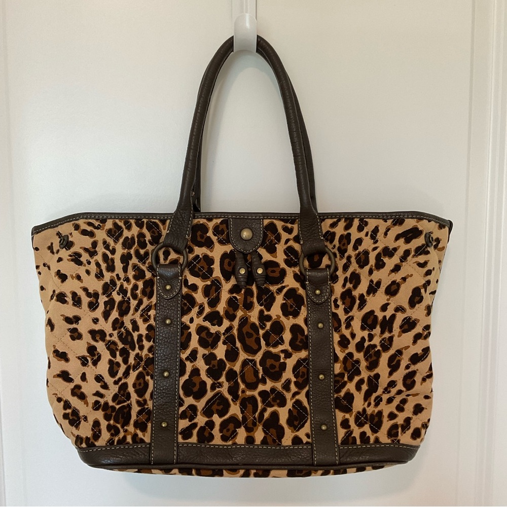 J. Crew Tote leopard print quilted canvas with leather tassel accents